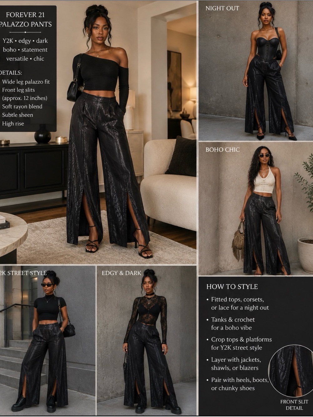 Y2K Dark Boho Goth Glam Avant-garde Forever 21 Black Wide-Leg Split Front Pants - Picture 2 of 7